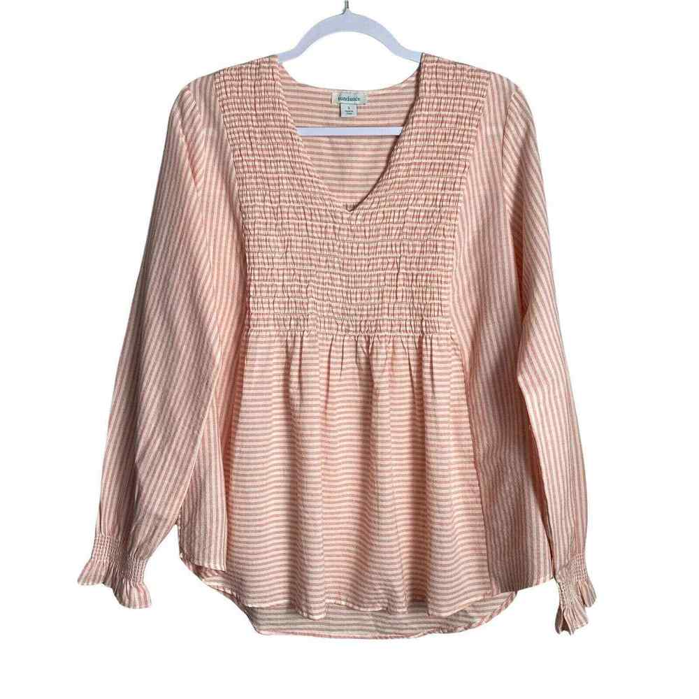 Sundance Peasant Babydoll Top Shirt Smocked Stripe Long Sleeve Blouse Size S